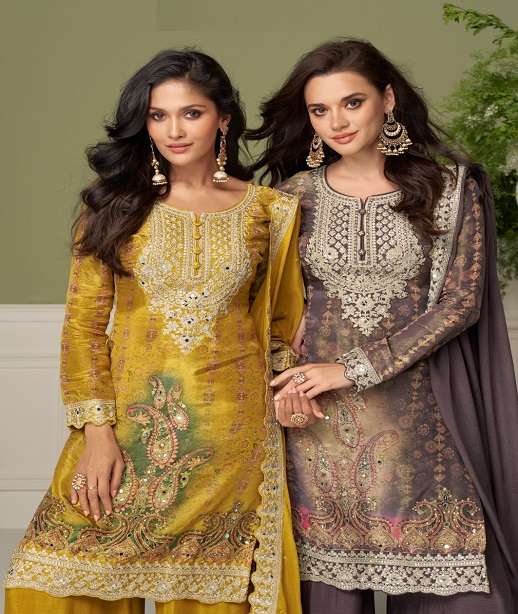 DESIGNER WEDDING PARTY WEAR REAL CHINON PALAZZO SHARARA SALWAR SUIT GL BISHRA 7598-7599