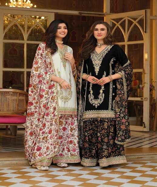 DESIGNER WEDDING PARTY WEAR REAL CHINON PRINTED PALAZZO SHARARA SALWAR SUIT EB RANG 2422-2433