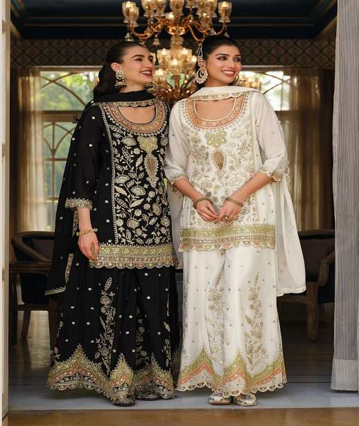 DESIGNER WEDDING PARTY WEAR REAL CHINON SHARARA PALAZZO SALWAR SUIT EB ANOKHI 2418-2419