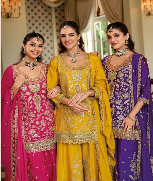 DESIGNER WEDDING PARTY WEAR REAL CHINON SHARARA SALWAR SUIT EB ANOKHI 2407-2409
