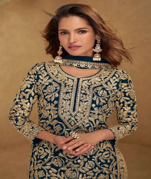 DESIGNER WEDDING PARTY WEAR REAL GEORGETTE HEAVY SHARARA PALLAZO SALWAR SUIT GL SUHANI 7672 COLOR