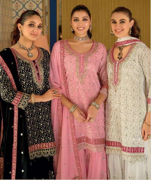 DESIGNER WEDDING PARTY WEAR REAL GEORGETTE SHARARA PALLAZO SALWAR SUIT EB ARMANI 2413-2415