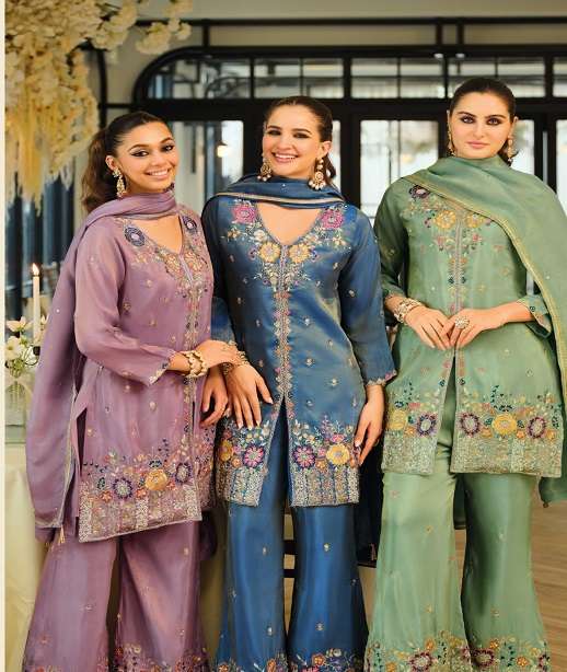 DESIGNER WEDDING PARTY WEAR REAL SIMER SILK FANCY SALWAR SUIT EB SANVI 2355-2357