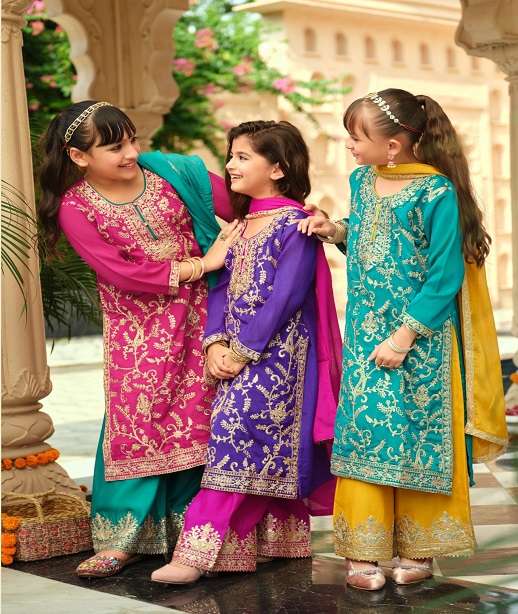 DESIGNER WEDDING PARTY WEAR SHARARA SALWAR SUIT COLLECTION FOR BABY GIRLS IN CHINON EB CRIMSON 14-16