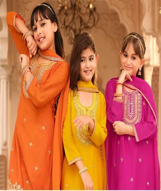 DESIGNER WEDDING PARTY WEAR SHARARA SALWAR SUIT COLLECTION FOR BABY GIRLS IN CHINON EB DREMY 1-3