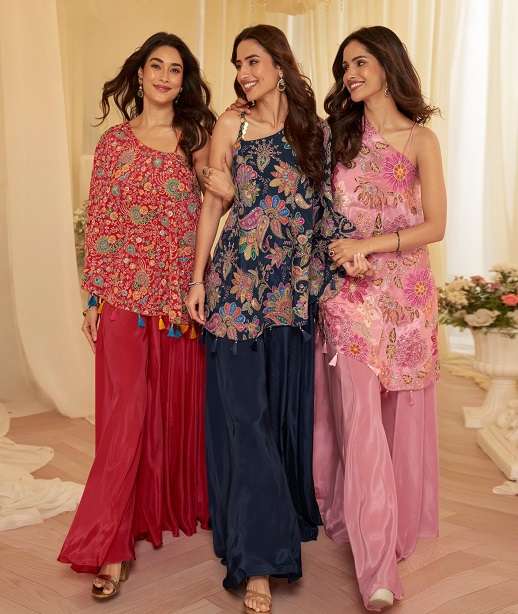 DESIGNER WEDDING PARTY WEAR VICHITRA CREPE SHARARA SALWAR SUIT TAMANNA 10284-10287