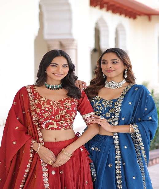 INDIAN DESIGNER BOLLYWOOD WEDDING PARTY WEAR VICHITRA SILK LEHENGA CHOLI KU 5062 COLOR