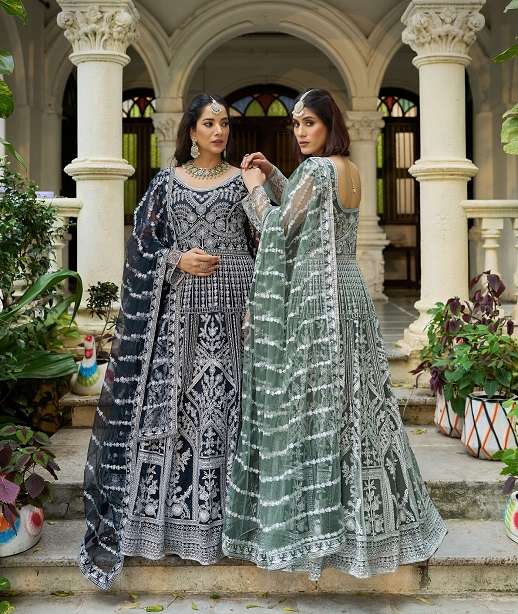 PARTY WEAR READYMADE ANARKALI SALWAR SUIT LONG GOWN IN BUTTERFLY NET SENHORA MEHFIL 3105 COLOR