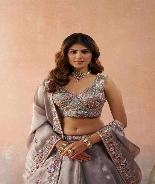 DESIGNER BOLLYWOOD BRIDAL WEDDING PARTY WEAR TISSUE SILK ZARKAN LEHENGA CHOLI SENHORA DRESSES NT 6298 COLOR