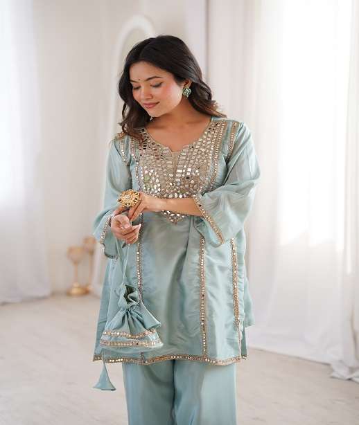 DESIGNER FANCY PARTY WEAR FENDY SILK SALWAR SUIT WITH FOIL MIRROR LW 9326 COLOR