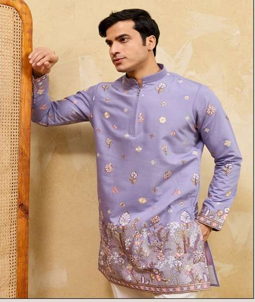 DESIGNER PARTY WEAR READYMADE MENS VISCOSE SILK KURTA WITH THREAD SEQUENCE WORK KF 21081-21086
