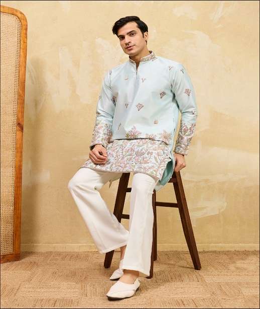 DESIGNER PARTY WEAR READYMADE MENS VISCOSE SILK KURTA WITH THREAD SEQUENCE WORK KF 21131-21134