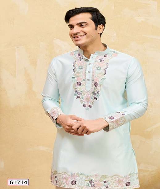 DESIGNER PARTY WEAR READYMADE MENS VISCOSE SILK KURTA WITH THREAD SEQUENCE WORK KF 61711-61714