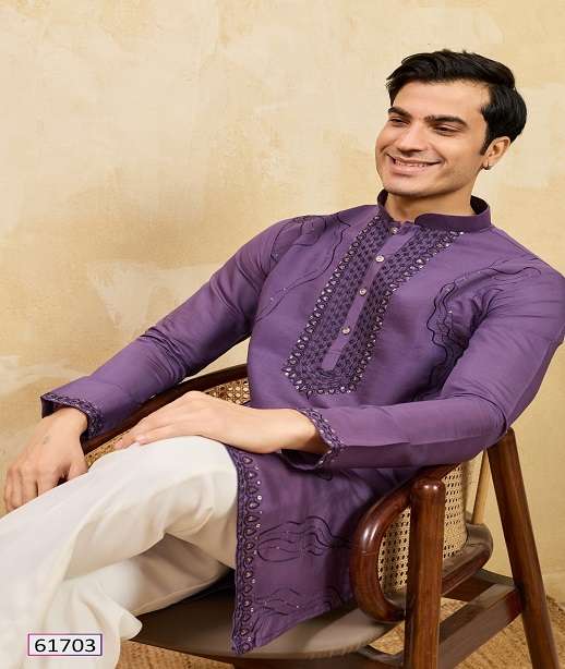 DESIGNER PARTY WEAR READYMADE MENS VISCOSE SILK KURTA WITH THREAD SEQUENCE WORK KF 61701-61704