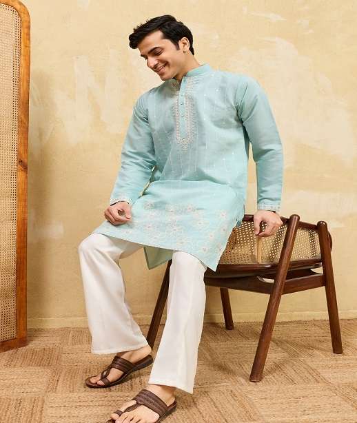 DESIGNER PARTY WEAR READYMADE MENS VISCOSE SILK KURTA WITH THREAD SEQUENCE WORK KF 21111-21114