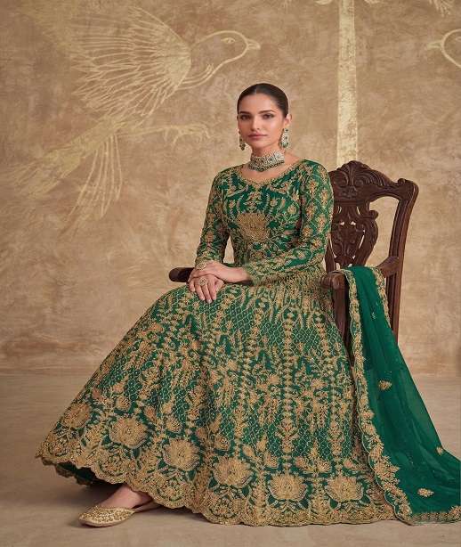 DESIGNER WEDDING PARTY WEAR ANARKALI SALWAR SUIT LONG GOWN IN BUTTERFLY NET KB 1094 COLOR