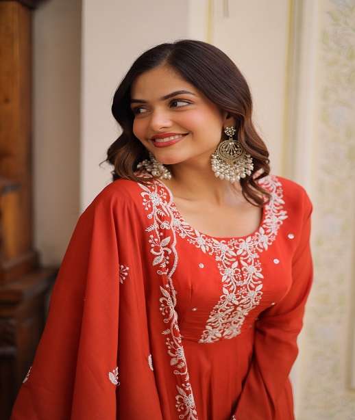 DESIGNER WEDDING PARTY WEAR CHANDERI SILK ANARKALI GOWN SALWAR SUIT KU 1244