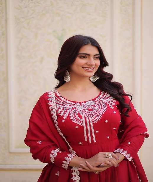 DESIGNER WEDDING PARTY WEAR MAL CHANDERI SILK ANARKALI GOWN SALWAR SUIT KU 1246
