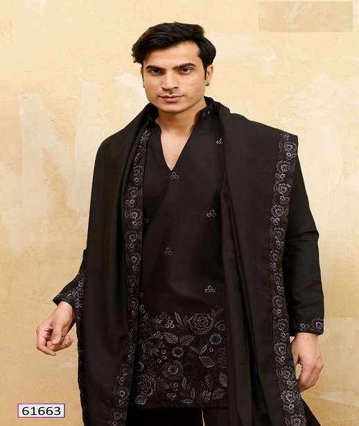 DESIGNER WEDDING PARTY WEAR READYMADE INDIAN MENS VISCOSE SILK KURTA PANT DUPATTA KF 61661-61665