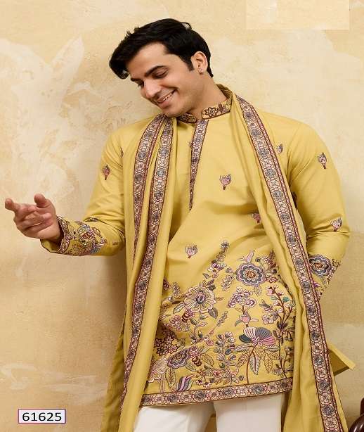 DESIGNER WEDDING PARTY WEAR READYMADE INDIAN MENS VISCOSE SILK KURTA PANT DUPATTA KF 61621-61626