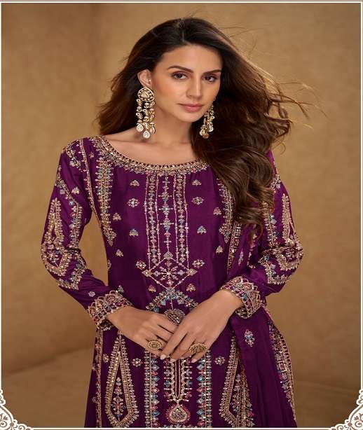 DESIGNER WEDDING PARTY WEAR REAL CHINON PALAZZO SHARARA SALWAR SUIT GL HIRNI 7650 COLOR