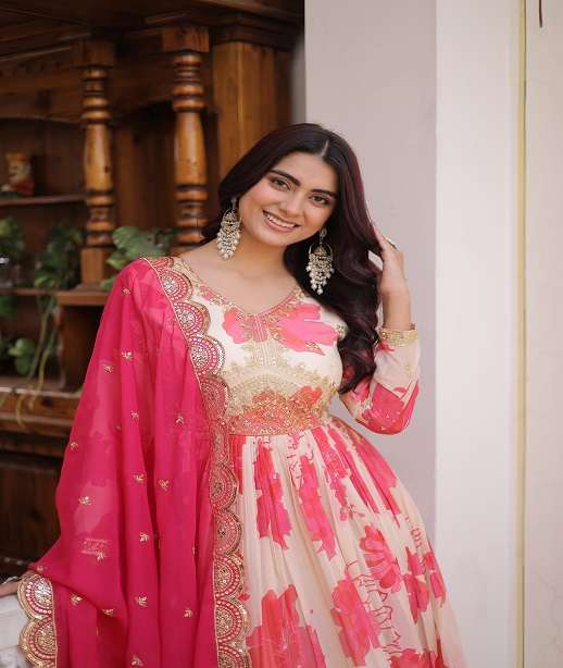 DESIGNER WEDDING PARTY WEAR RUSSIAN SILK PRINTED READYMADE ANARKALI GOWN SALWAR SUIT KU 1242