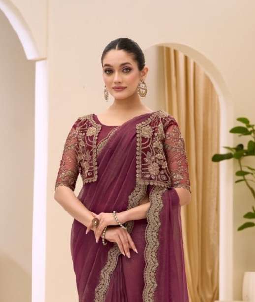 DESIGNER WEDDING PARTY WEAR SARTIN GEORGETTE SAREE WITH THREAD SEQUENCE WORK SM TFH 33001-33018