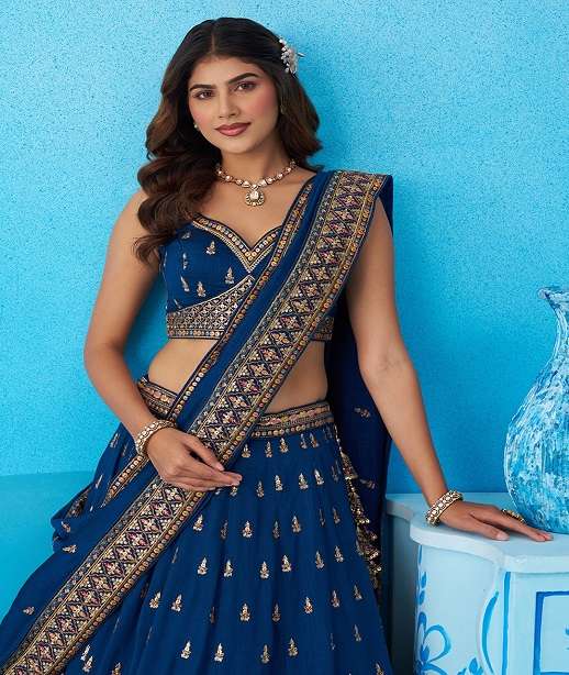 INDIAN DESIGNER BOLLYWOOD WEDDING PARTY WEAR HEAVY HEAVY CHINON SILK LEHENGA CHOLI NT 6213 COLOR