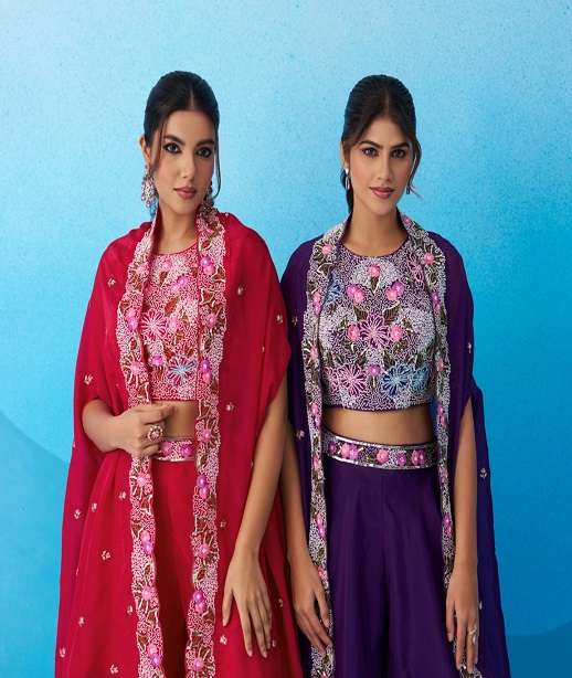 INDIAN DESIGNER FANCY WEDDING PARTY WEAR CREP SILK JACKET BLOUSE PALAZZO STYLE SET SALWAR SUIT NT 9-10