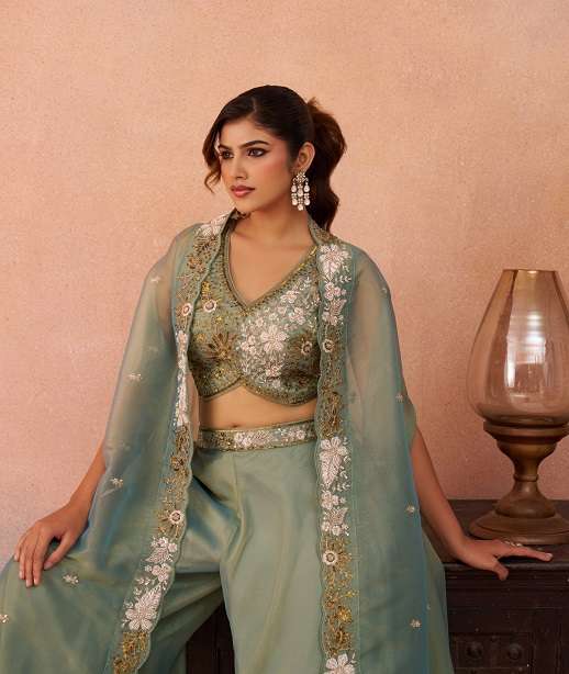INDIAN DESIGNER FANCY WEDDING PARTY WEAR CROP TOP IN TISSUE SILK JACKET BLOUSE PALAZZO STYLE SET SALWAR SUIT NT 8 COLOR