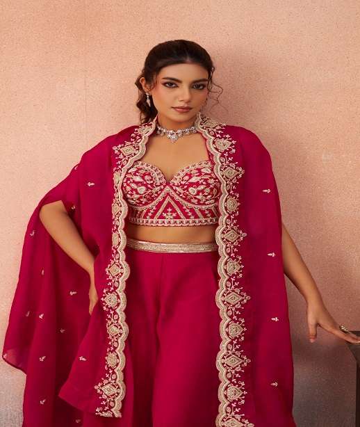 INDIAN DESIGNER FANCY WEDDING PARTY WEAR ORGANZA SILK READYMADE CROP TOP DUPATTA SET SALWAR SUIT NT 6 COLOR