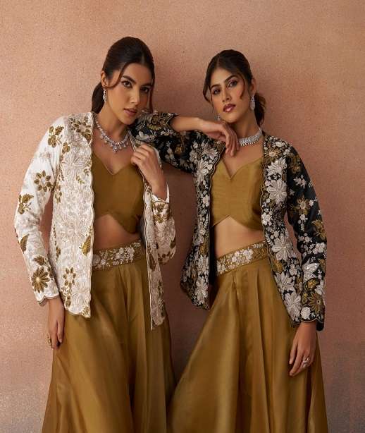 INDIAN DESIGNER FANCY WEDDING PARTY WEAR TISSUE SILK JACKET BLOUSE SKIRT STYLE SET SALWAR SUIT NT 4 COLOR