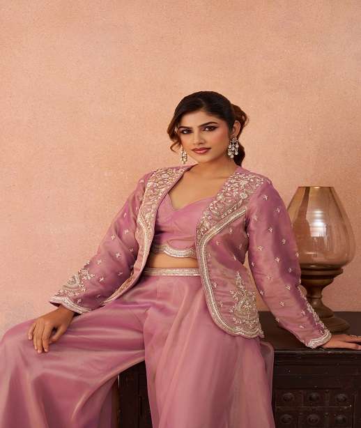 INDIAN DESIGNER FANCY WEDDING PARTY WEAR TISSUE SILK JACKET BLOUSE PLAZZO STYLE SET SALWAR SUIT NT 3 COLOR
