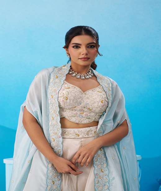 INDIAN DESIGNER FANCY WEDDING PARTY WEAR VISCOSE SILK CROP TOP DUPATTA SET SALWAR SUIT NT 1 COLOR