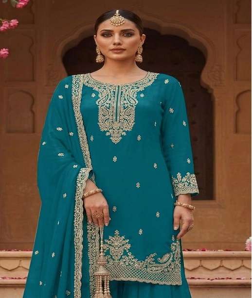 DESIGNER FANCY PARTY WEAR FAUX BLOOMING GEORGETTE SHARARA SALWAR SUIT PALAZZO JG 3113 COLOR