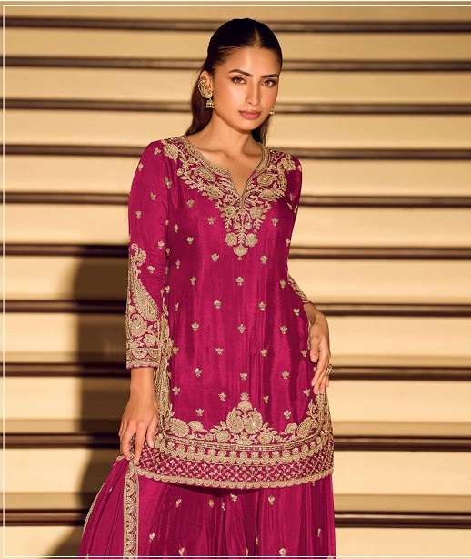 DESIGNER FANCY PARTY WEAR PREMIUM CHINON SILK SHARARA SALWAR SUIT PALAZZO SY RH KANCHAN 10200 COLOR