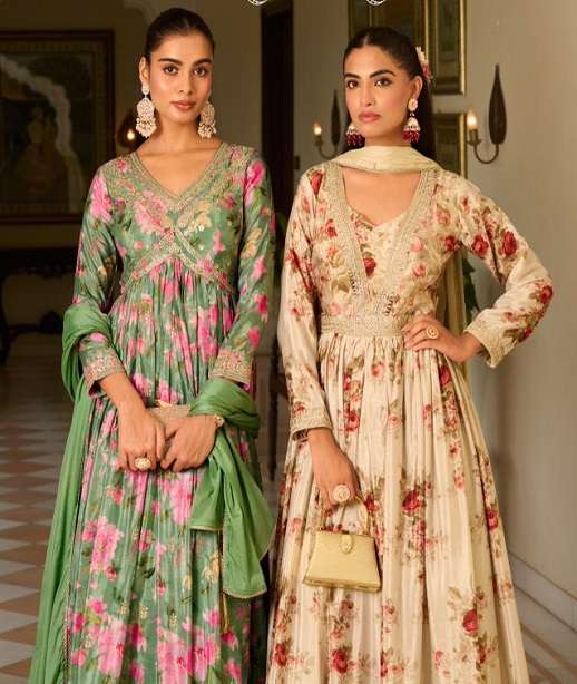 DESIGNER PARTY WEAR CHINON SILK FLORAL PRINTED READYMADE ANARKALI GOWN SALWAR SUIT NVN SANIKA 2001-2003
