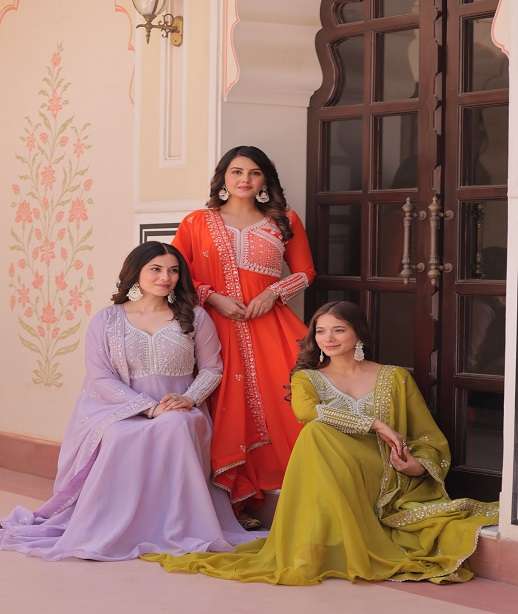 DESIGNER PARTY WEDDING WEAR READYMADE STAR GEORGETTE ANARKALI GOWN COLLECTION LW 9313 COLOR
