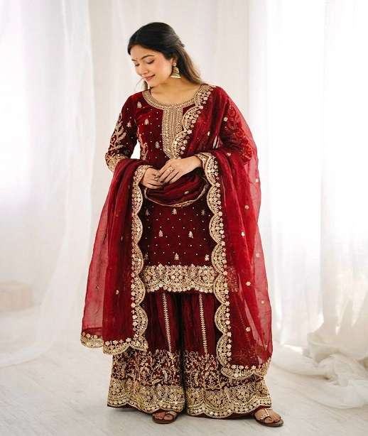 DESIGNER WEDDING PARTY WEAR FENDY SILK SEQUENCE WORK SHARARA SALWAR SUIT DV QUEEN A TO B