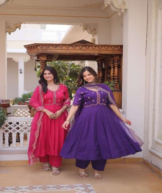 DESIGNER WEDDING PARTY WEAR MAL CHANDERI SILK ANARKALI SALWAR SUIT LW 9328 COLOR