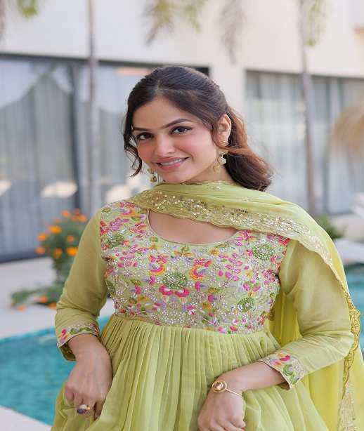 DESIGNER WEDDING PARTY WEAR MAL CHANDERI SILK ANARKALI SALWAR SUIT KU 1239 COLOR