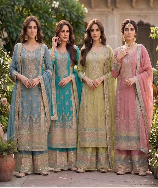 DESIGNER WEDDING PARTY WEAR REAL CHINON PALAZZO SHARARA SALWAR SUIT KB 3309 COLOR
