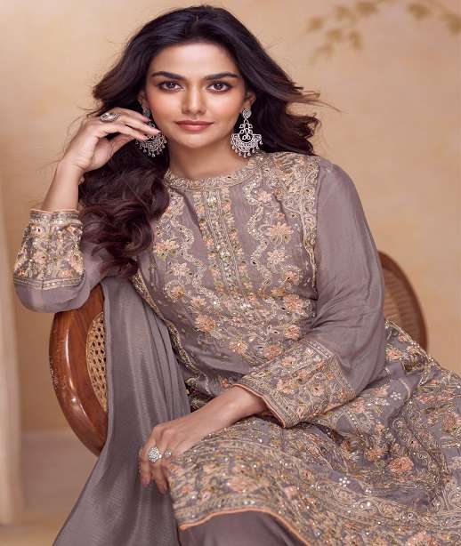 DESIGNER WEDDING PARTY WEAR REAL CHINON PALAZZO SHARARA SALWAR SUIT GL NAZAKAT 7667 COLOR