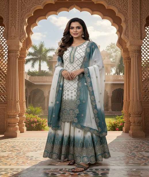 DESIGNER WEDDING PARTY WEAR STAR GEORGETTE SEQUENCE WORK SHARARA SALWAR SUIT DV RESHAM A-B