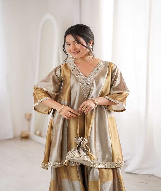 DESIGNER WEDDING PARTY WEAR TISSUE SILK YELLOW PALAZZO SHARARA SALWAR SUIT LW 9330