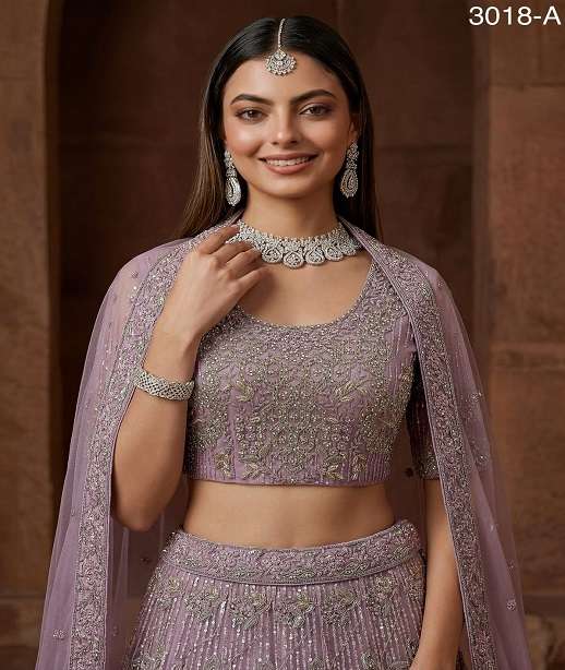PREMIUM BRIDAL DESIGNER HEAVY NET LEHENGA WITH ZARKAN AND SQUENCE WORK DESIGN SM 3018 COLOR