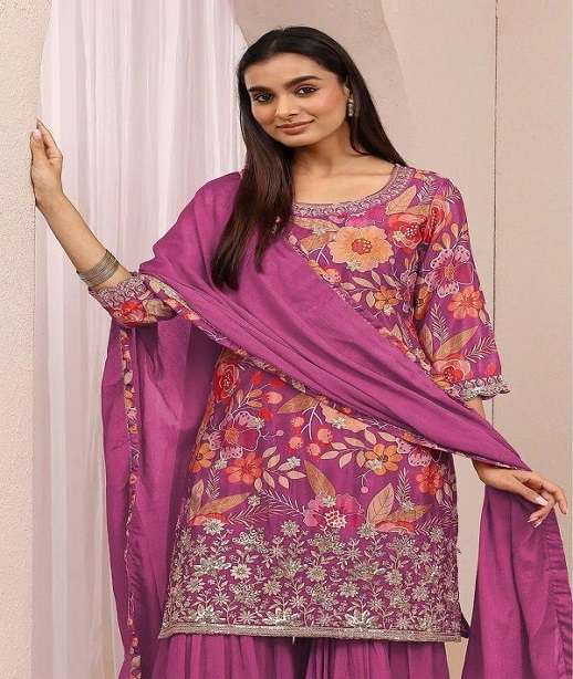 DESIGNER FANCY PARTY WEAR CHINON DIGITAL PRINT SHARARA SALWAR SUIT PALAZZO JG 2114 COLOR