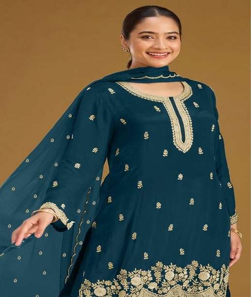 DESIGNER FANCY PARTY WEAR FAUX BLOOMING GEORGETTE SHARARA SALWAR SUIT PALAZZO JG 2112 COLOR