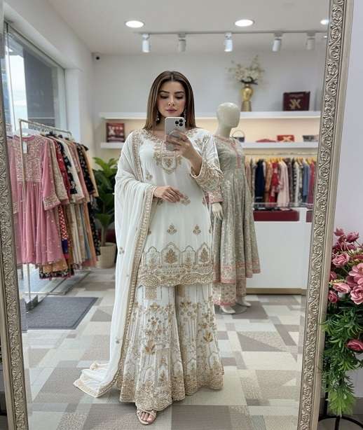 DESIGNER FANCY PARTY WEAR FAUX GEORGETTE SHARARA SALWAR SUIT PALAZZO DST 1001-1004