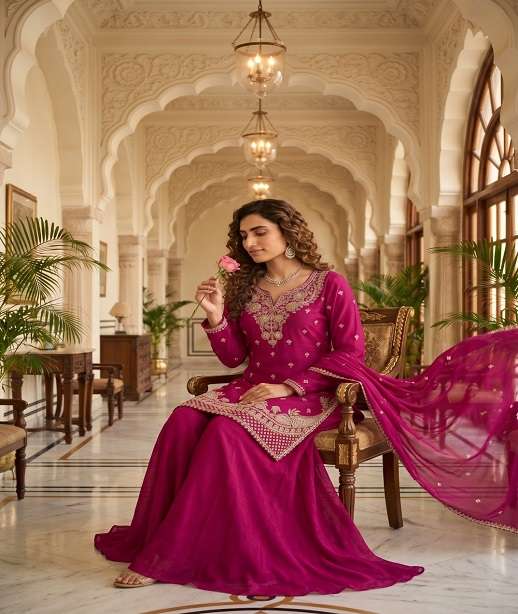DESIGNER FANCY PARTY WEAR PREMIUM CHINON SILK BEADS WORK SHARARA SALWAR SUIT PALAZZO SVN 130-131